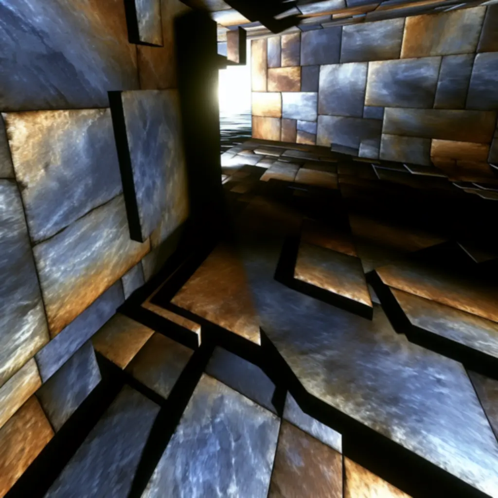 Mroczne trójwymiarowe pomieszczenie z zagadkowym stołem i elementami do manipulacji w The Room Two