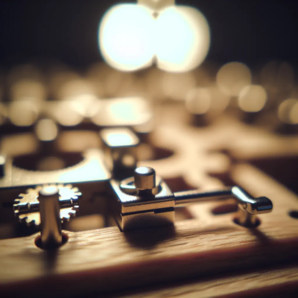 Zbliżenie na metalowe i drewniane elementy zagadki z realistycznymi fakturami w The Room Two