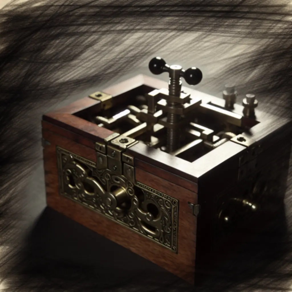 Zbliżenie na skomplikowaną skrzynię-puzzle z The Room Two, otoczoną mrocznym tłem