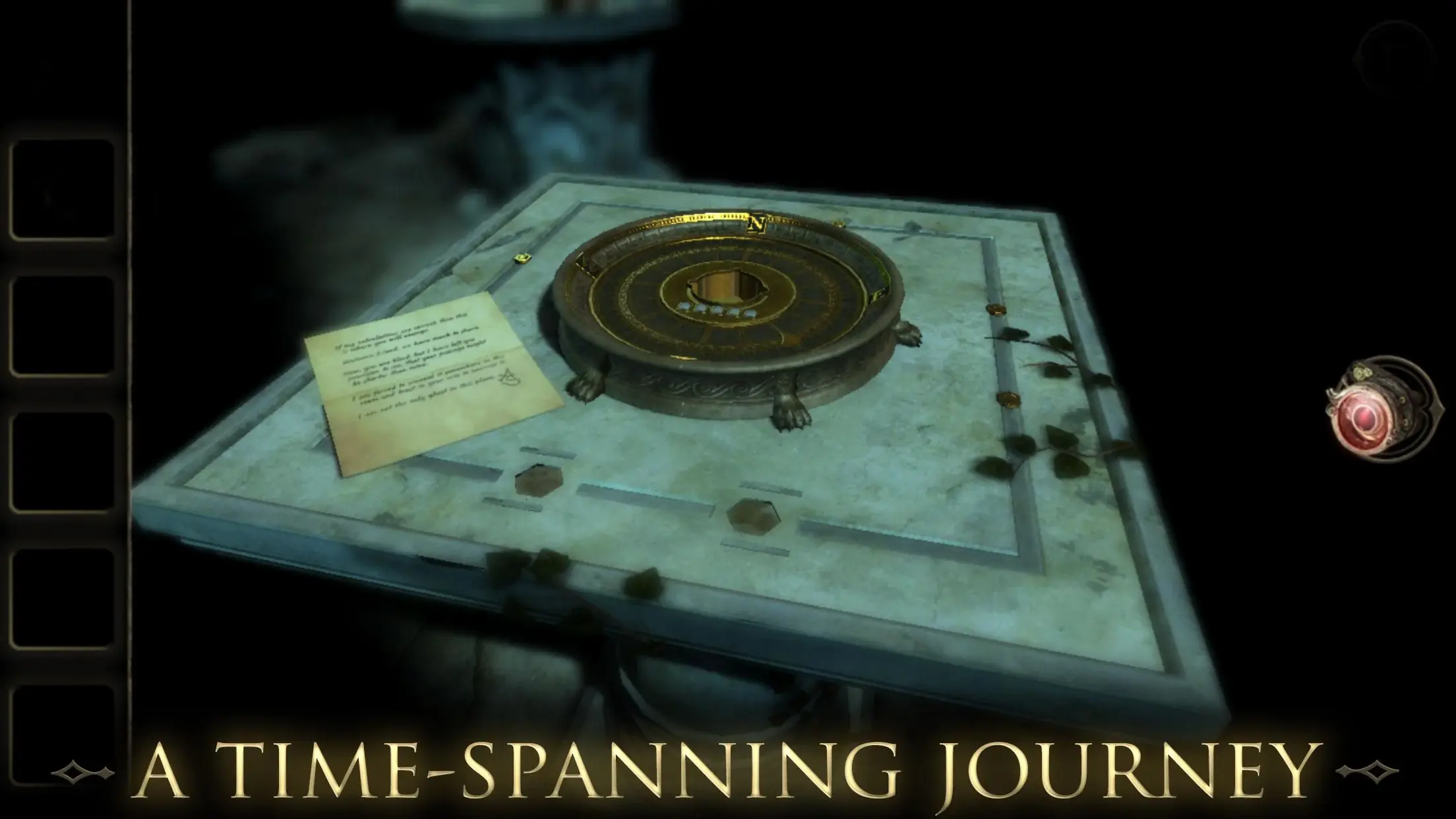 Zbliżenie na skomplikowany mechanizm zagadki z The Room Two, wykonany z drewna i metalu w mrocznym oświetleniu