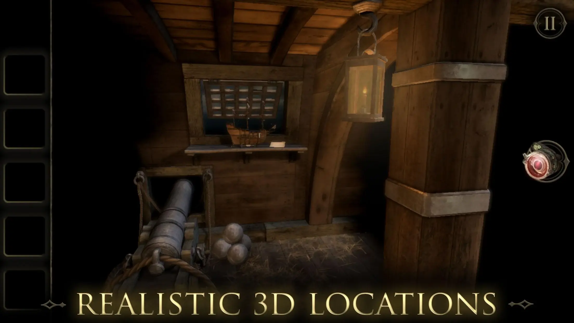 Zbliżenie na skomplikowany mechanizm zagadki z The Room Two, wykonany z drewna i metalu w mrocznym oświetleniu