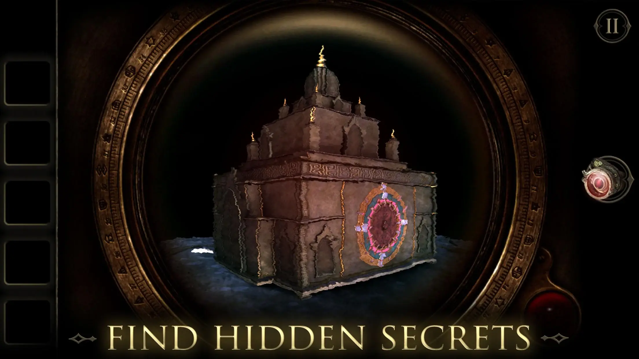 Zbliżenie na skomplikowany mechanizm zagadki z The Room Two, wykonany z drewna i metalu w mrocznym oświetleniu