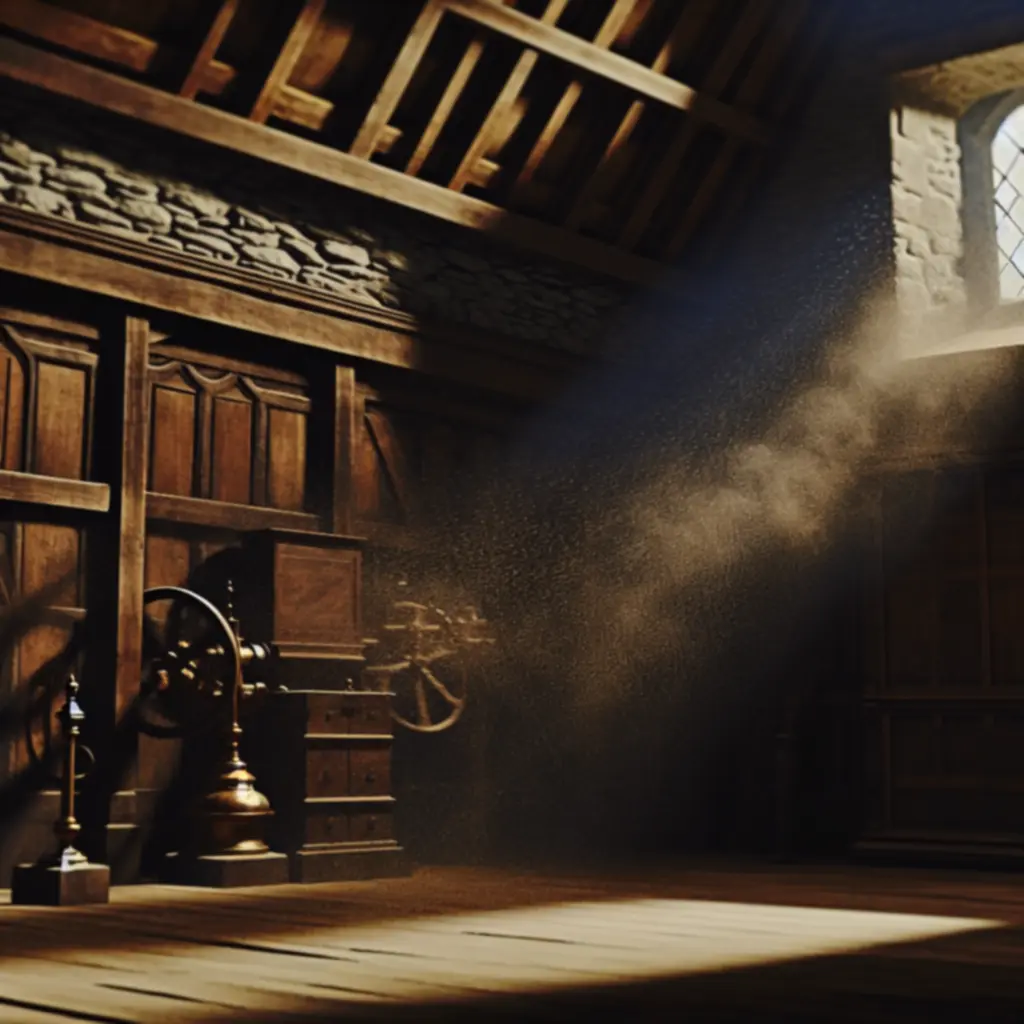 Panoramiczny widok mrocznego gabinetu z The Room Two, oświetlonego światłem z okna