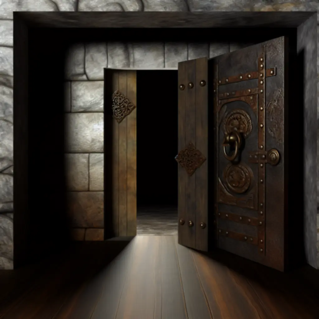 Ciężkie drewniane drzwi prowadzące do ukrytego pomieszczenia w The Room Two