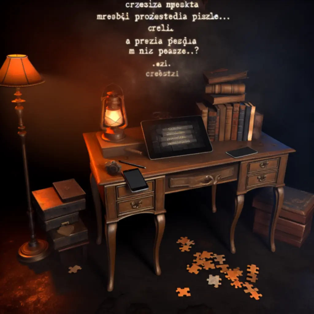 Ciemne, drewniane biurko z tajemniczym pudełkiem zagadką z gry The Room Two, oświetlone punktowym światłem