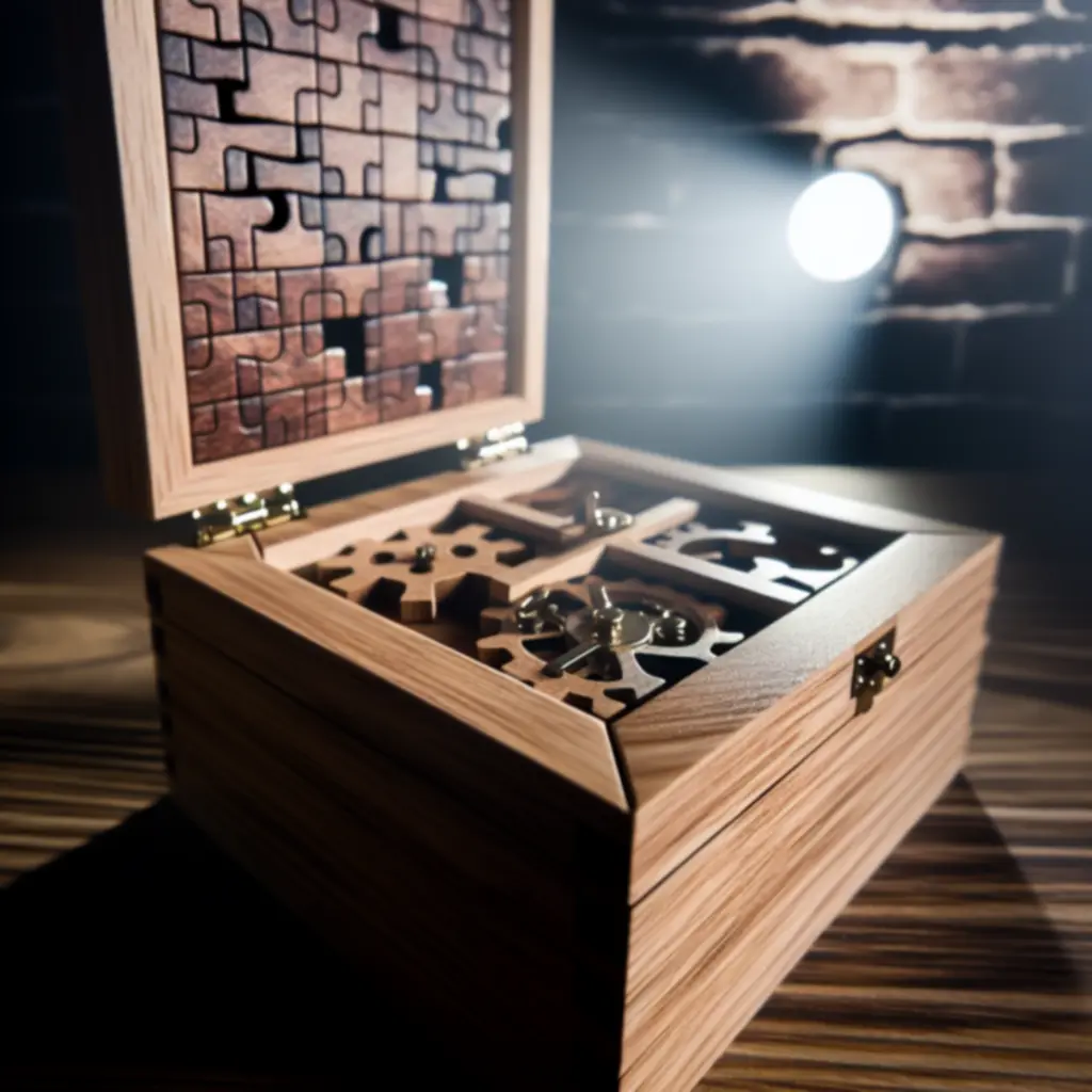 Zbliżenie na drewniany mechanizm zagadki w The Room Two