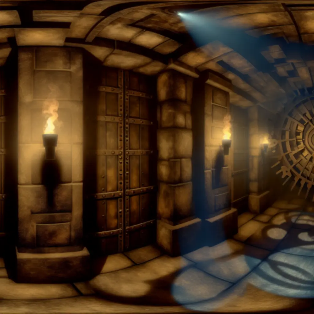 Mroczna atmosfera pokoju z metalowymi i kamiennymi elementami, oświetlona dramatycznym światłem