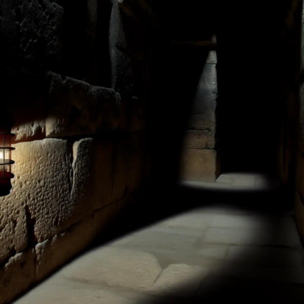 Ciemny korytarz w stylu The Room Two z pojedynczym źródłem światła