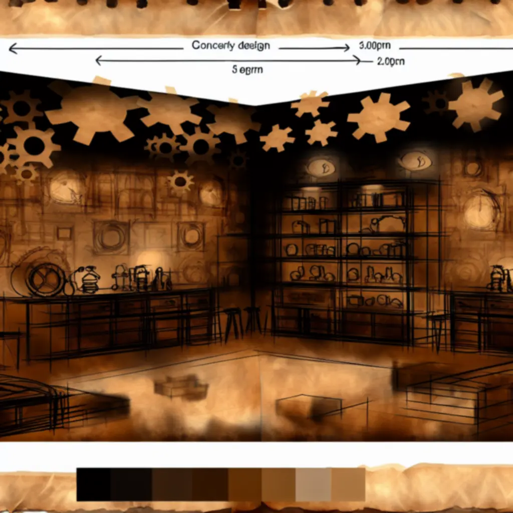 Szkic koncepcyjny mrocznego pokoju z centralnym stołem i tajemniczymi urządzeniami